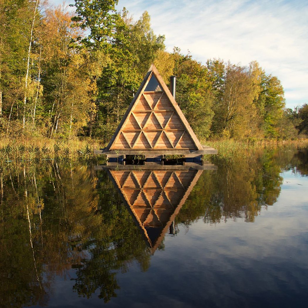 The triangular facade of a floating sauna